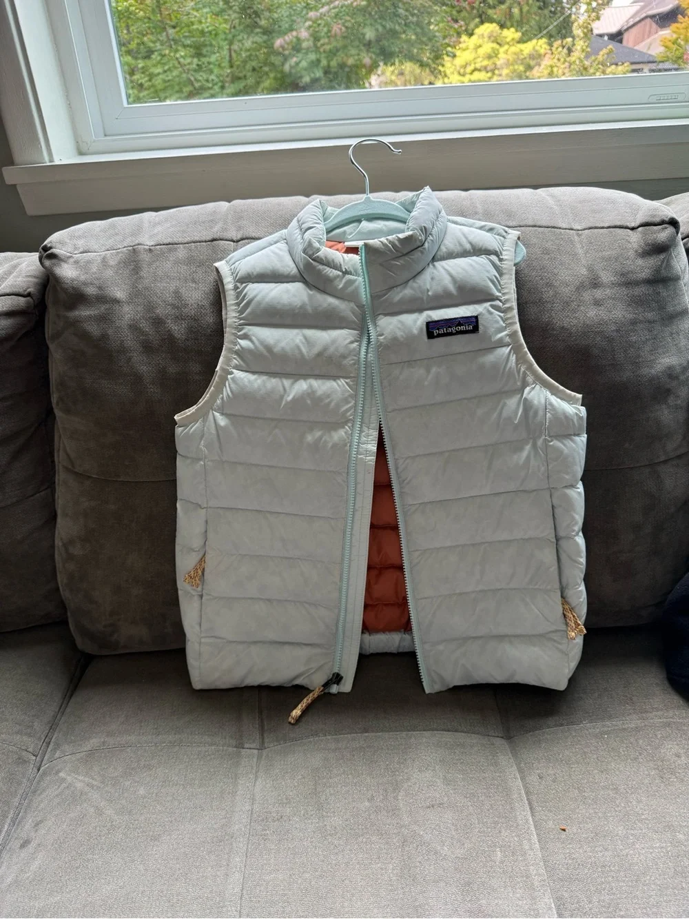 Patagonia Kids Light Mint Quilted Down Vest with Coral Lining